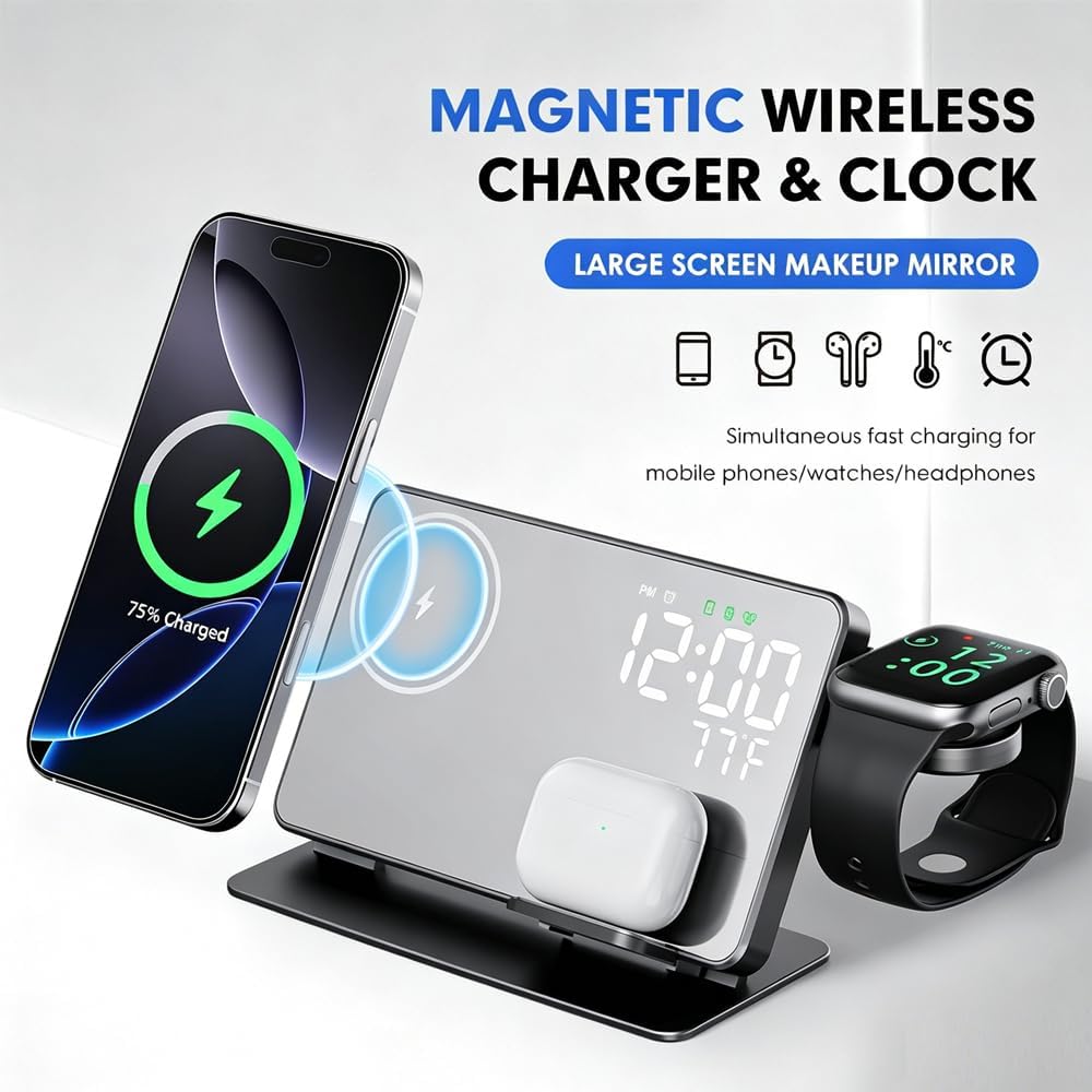 IHAO 4in1 Multifunctional Alarm Clock with Magnetic Wireless Charging15W Fast Charge for Qi Phone, Earbuds, iWatch LED Display as Mirror Show Temperature, USB Port, Smart Bedside Organizer-W669 Black