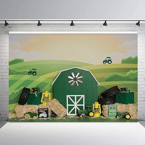 Miniatura 9 de MEHOFOND Fondo de fondo para fiesta de cumpleaños de tractor, para niño y niña, texto en inglés Happy 1st Birthday, diseño de granja verde, para