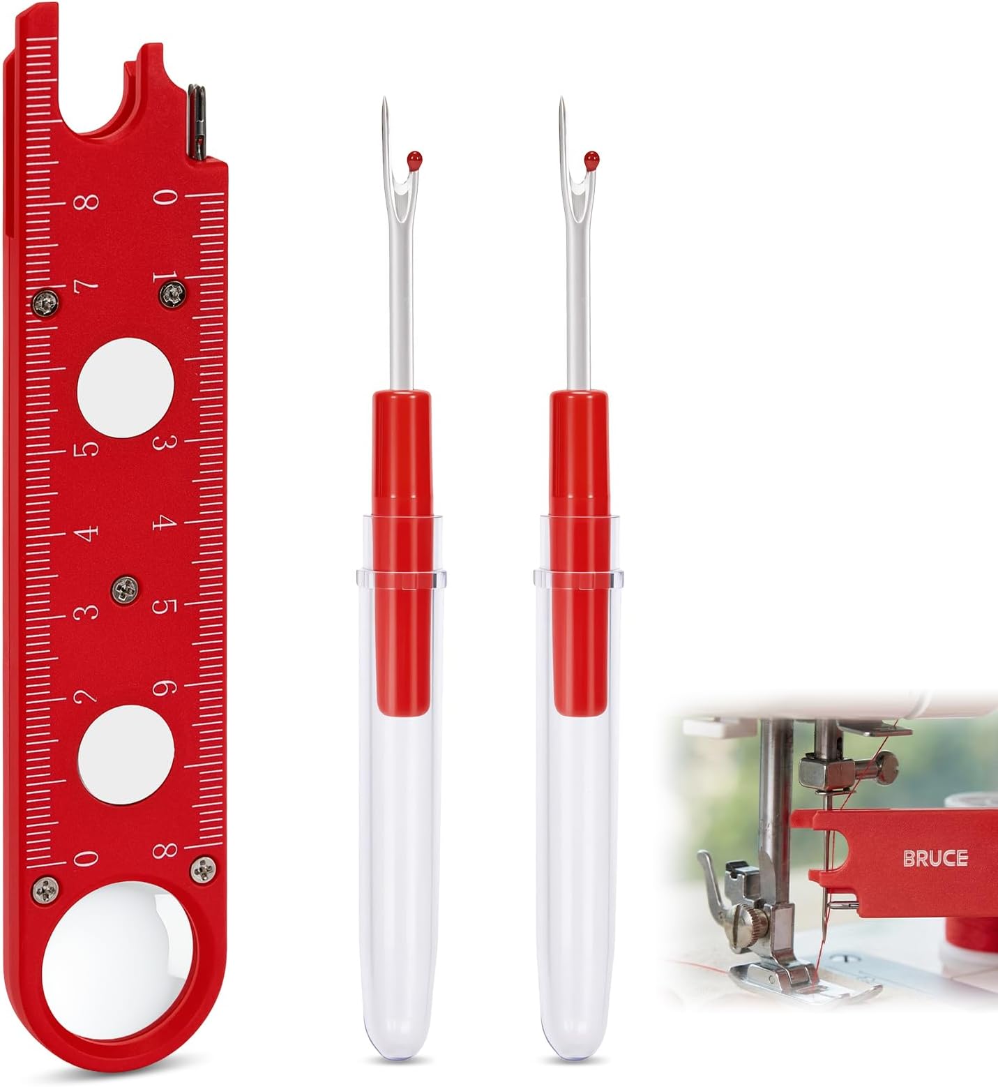 Sewing Machine Needle Threader, 4 in 1 Automatic Quick Threading Tool, Multifunctional Stitch Insertion Seam Guide with 2 Pcs Seam Rippers for Quilting Alterations Tailoring(Red)
