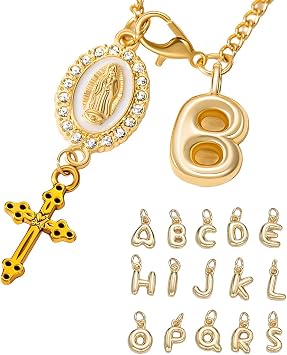 Bubble Initial Car Driving Rosary Virgin Mary Jesus Mother Cross Chain Steering Wheel Proteccion Charm Protection for Driver Spiritual Car Decor Religious Accessories with Custom Initial Catholic Gift
