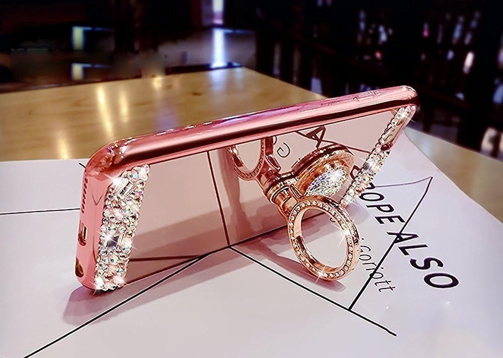 MACBOU iPhone 6/6s Case, MACBOU Luxury Crystal Rhinestone Soft Rubber Bumper Bling Diamond Glitter Mirror Makeup Case with Ring Stand Holder for iPhone 6 6s (Rose Gold)