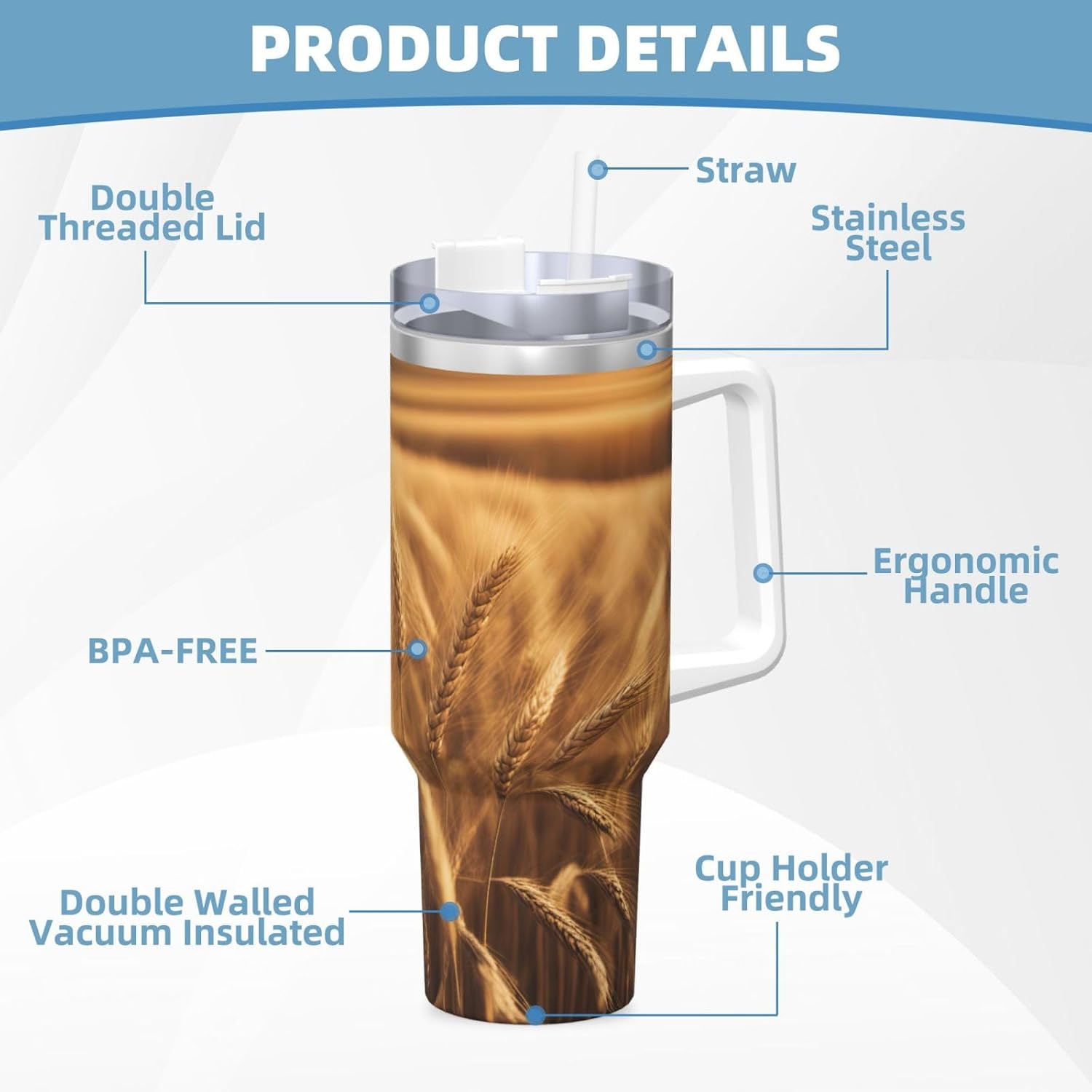 40 OZ Wheat Field Print Ice Bully Cup with Handle Straw Lid Straw,Stainless Steel Tumbler Coffee Cup