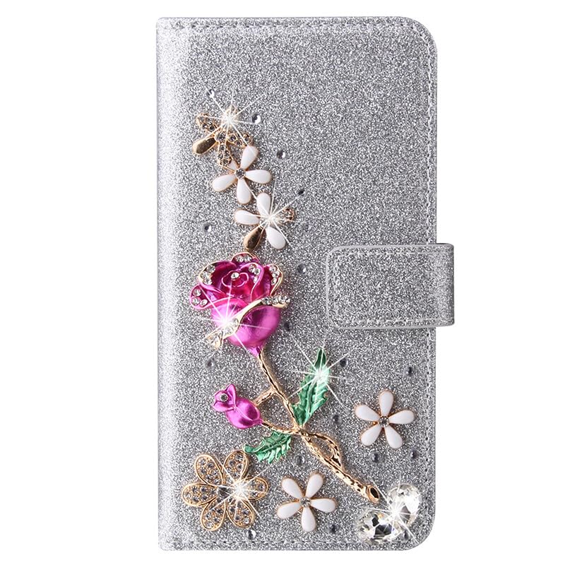 Étui portefeuille iPhone 15 Plus argent avec rabat magnétique et porte-cartes