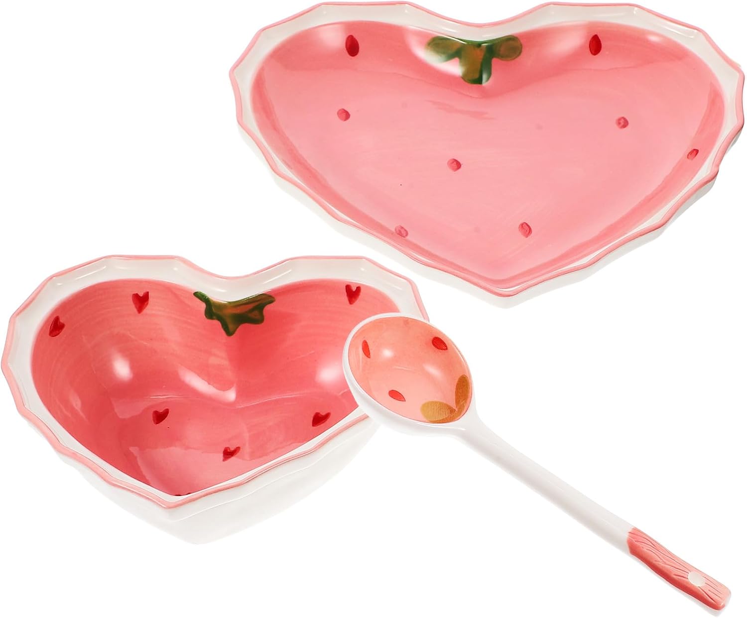 Yardwe Strawberry Heart-shaped Salad Bowl with Decorative Serving Plate and Food Spoon, Ceramic Multi-function Tableware Set for Home Dining and Entertaining, 3pcs Bowl Spoon Plate Set
