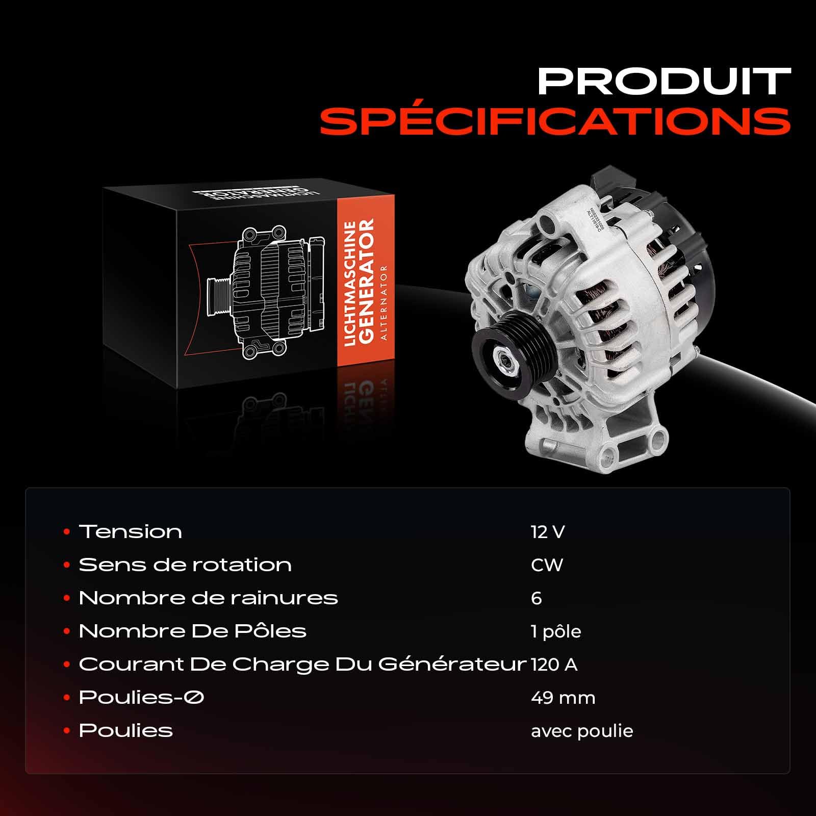 Frankberg Alternateur 120A Compatible avec Mondeo IV BA7 1.6L Essence 2007-2015 Fiesta VI CB1 CCN 1.4L Essence 2008-2012 Focus III - 1.6L Diesel 2012-2015 Remplacer# TG12C098
