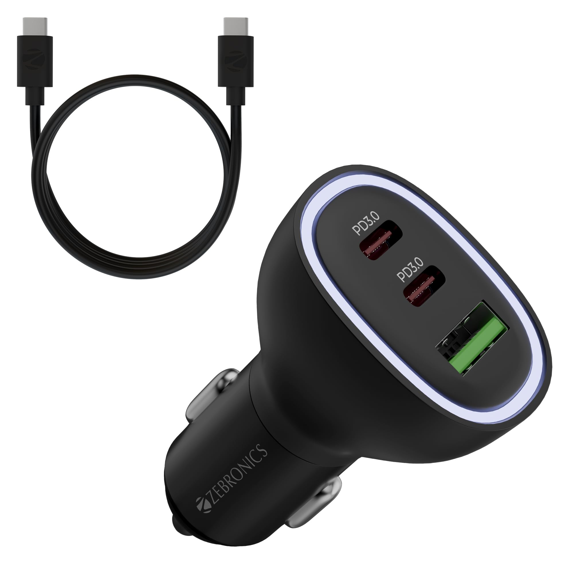 Zebronics 78W Car Charger with Multi-Output - 2X Type-C & USB, Compact Design, Over Current & Short Circuit Protection, Multicolor LED, Rapid Charging, 1m Type-C to Type-C Cable, Compact (CC78)
