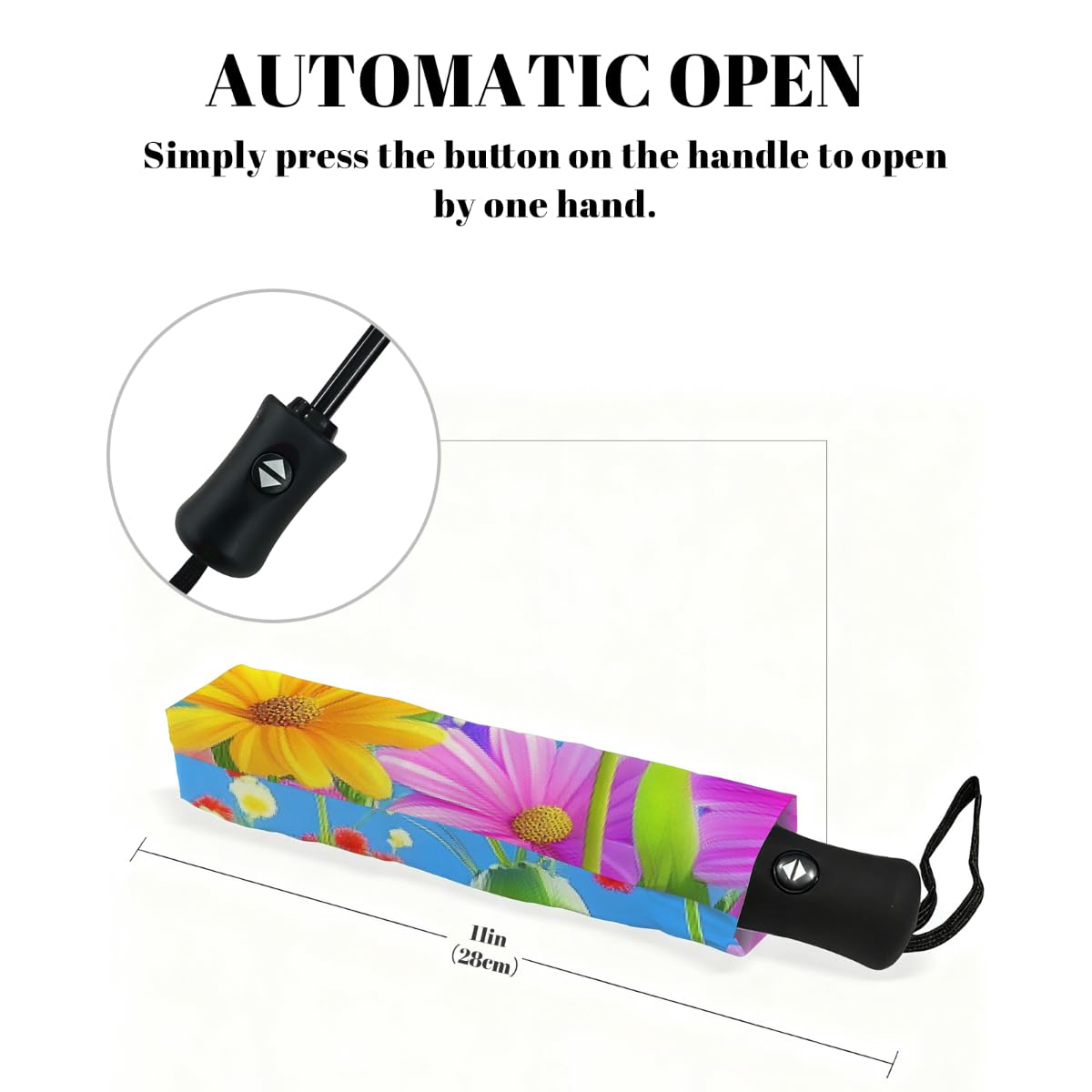 Ombrello pieghevole con fiori colorati, ombrello da viaggio, compatto, antivento, impermeabile, con protezione UV, rivestimento nero, leggero, 8 costine, portatile, per pioggia e sole