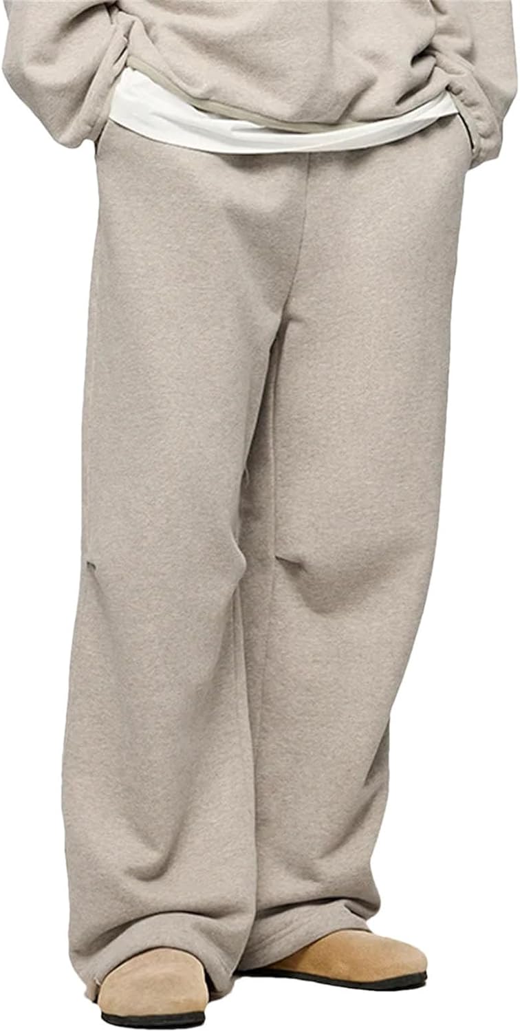 Mens Casual Loose Fit Elastic Drawstring Waist Straight Legs Yoga Long Pants Wide Leg Pleated Track Pants
