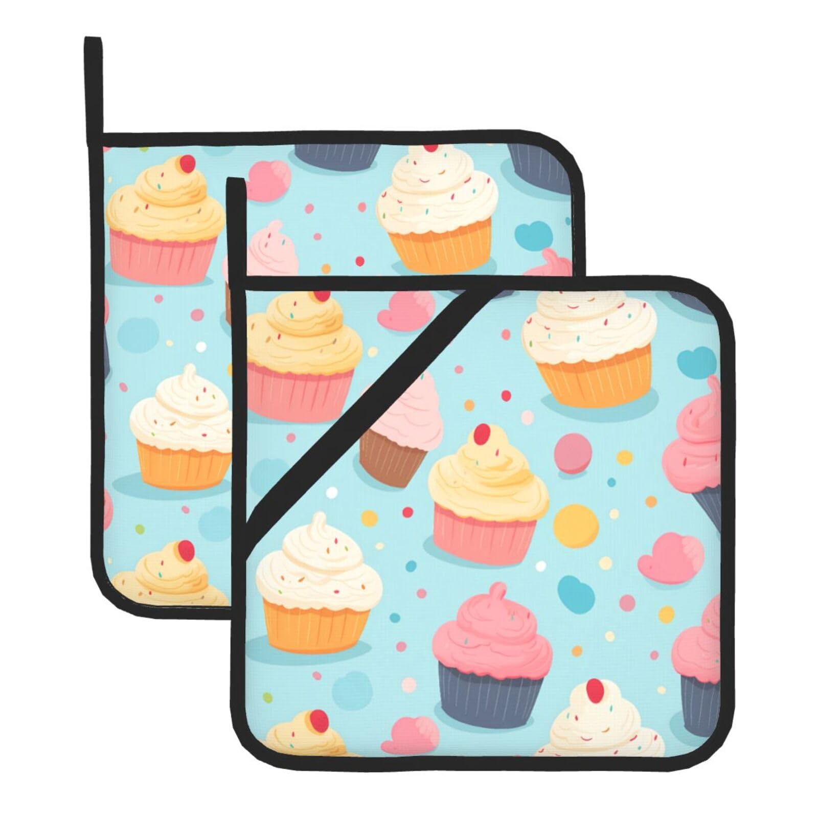 HJFCZH Pink Cupcakes Printed Square Insulated Pot Mat Set (2-Piece) 8x8in Waterproof, Thickened & Easy to Clean with Lanyard Design for Kitchen, Oven & BBQ