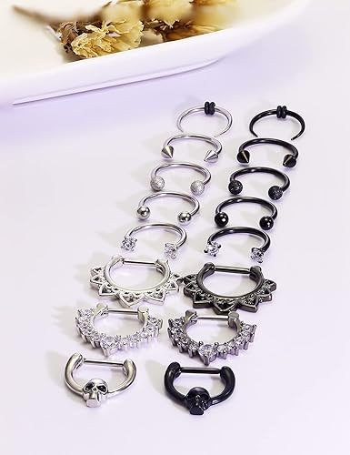 Miniatura 4 de Hoeudjo Piercing para el tabique clicker de acero quirúrgico 16G, joyería de piercing corporal con circonita cúbica transparente, para mujeres y