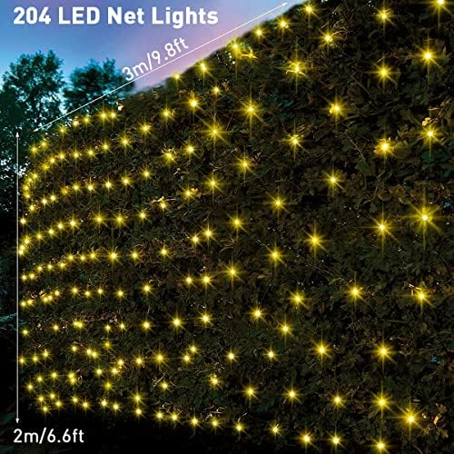 yowin Net Lights 3m x 2m 204 LED Christmas Net Lights Mains Powered, 8 Modes Curtain Fairy Lights Outdoor Waterproof Window Lights for Balcony Fence Bush Wall Ceiling Decorations (Warm White)