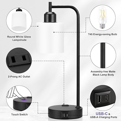 Miniatura 7 de Juego de 2 lámparas de noche industriales táctiles para dormitorio, lámparas de mesa regulables de 3 vías con puertos USB C+A y tomacorriente,