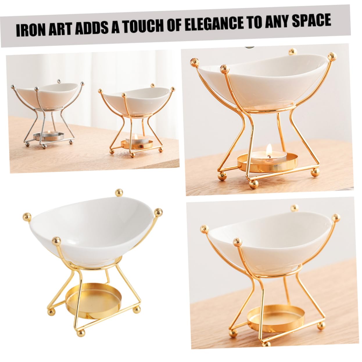 MAGICLULU Oli Essenziali Diffusore Funzione Riscaldante Bruciatore di Incenso in Ferro e Ceramica Oro per Casa e Relax