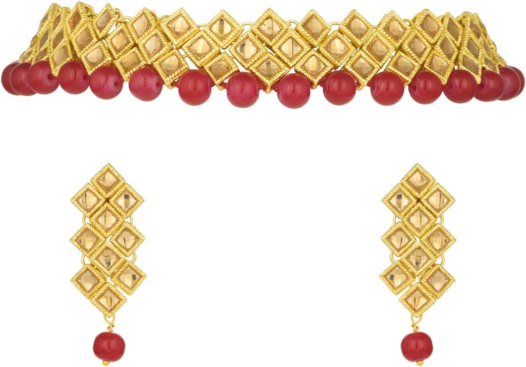 Aheli Elegant Indian Faux Kundan Studded Necklace Earring Set Bollywood Wedding Wear Ethnic Bharatanatyam jewellery set Gift for Women