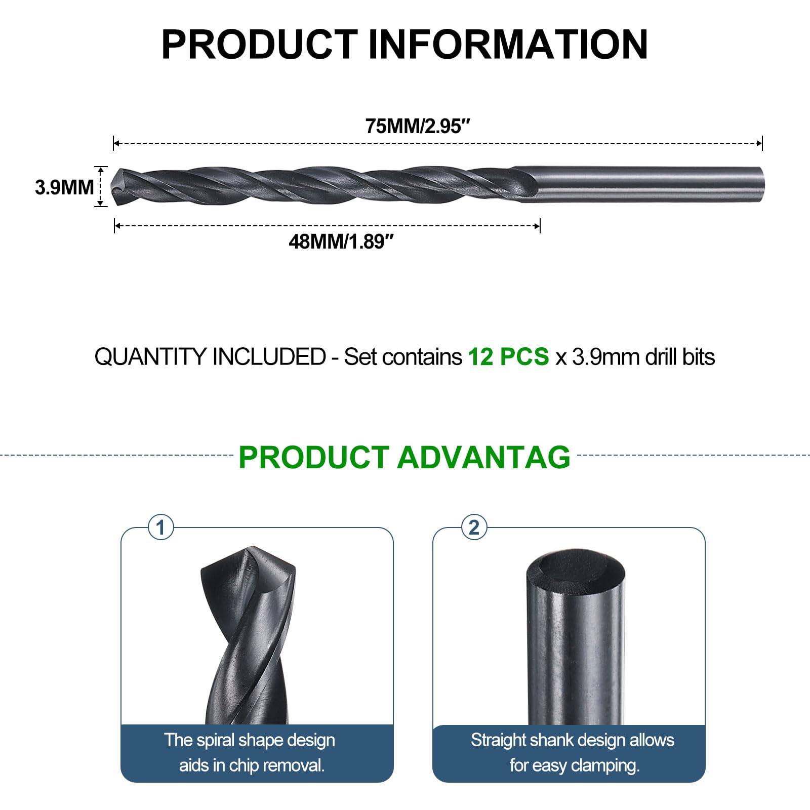 METALLIXITY Punta da Trapano (3,9mm) 12pz, Acciaio ad Alta Velocità 4241 (HSS) Gambo Dritto Nitruro Nero 118° per Legno Plastica Ferro Rame Alluminio Metallo Morbido Basso