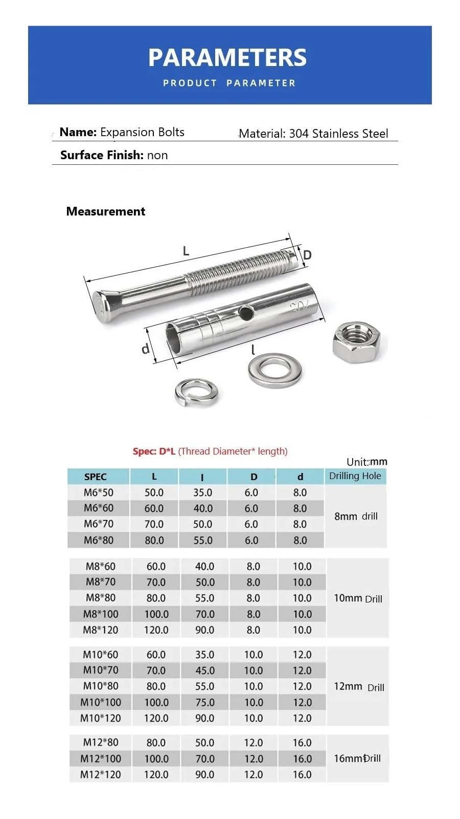 pernos de expansión, Tornillos De Expansión Acero Inoxidable, Perno M6-M16 304 6-16 Mm X 50 65 120 200 Tornillo Fijación Anclaje Manga