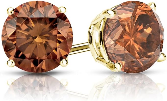1/4 to 2 Carat Brown Diamond Round Stud Earrings in 14k Gold (SI1-SI2, cttw) 4-Prong Basket Push Back by Diamond Wish