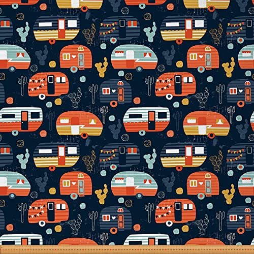 Boys Happy Camping Car Fabric by The Yard, Kids Camper RV Upholstery Fabric, Teens Rustic Farmhouse Theme Decorative Fabric, Cartoon Camping Indoor Outdoor Fabric, Colorful, 1 Yard