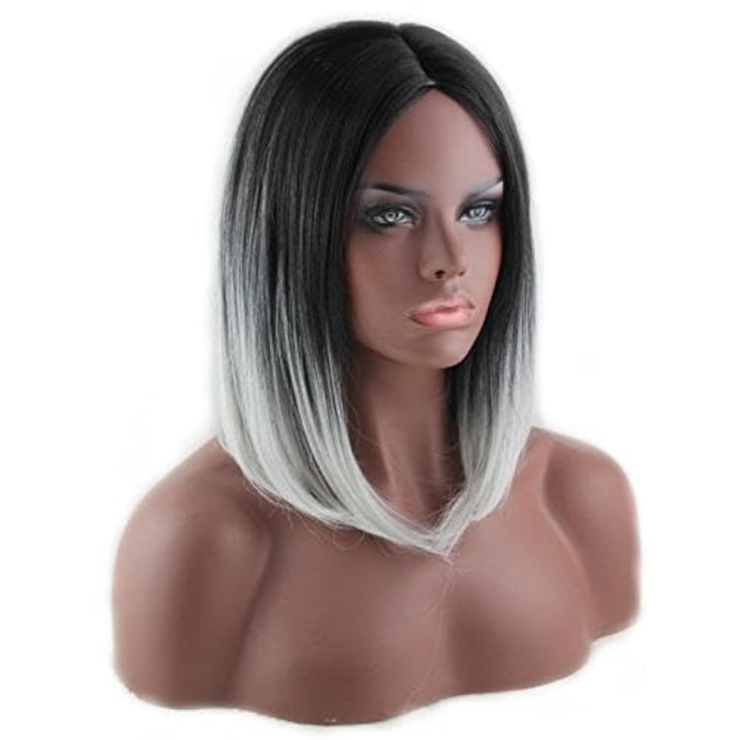 KASTWAVE Dark Roots Highlights Bob Wigs, Short Straight Ombre Synthetic Hair Wigs for Women (Black and White)