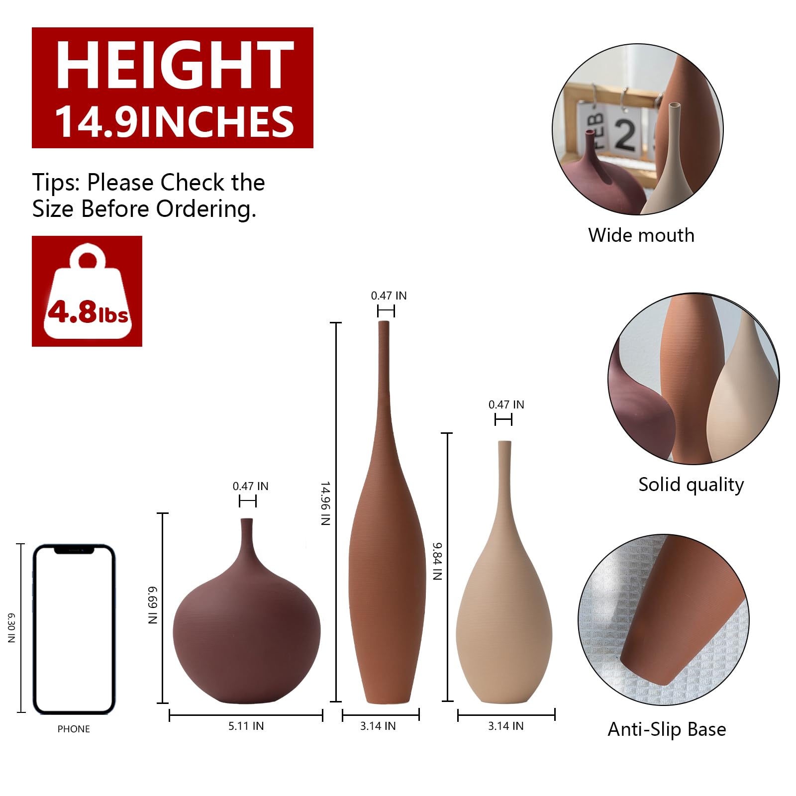 Relexome Ceramiczny nowoczesny wazon, zestaw 3 dekoracyjnych wazonów wiejskich, minimalistyczne, estetyczne wazony na elementy centralne, matowe, prążkowane, do dekoracji domu, stołu, przedpokoju