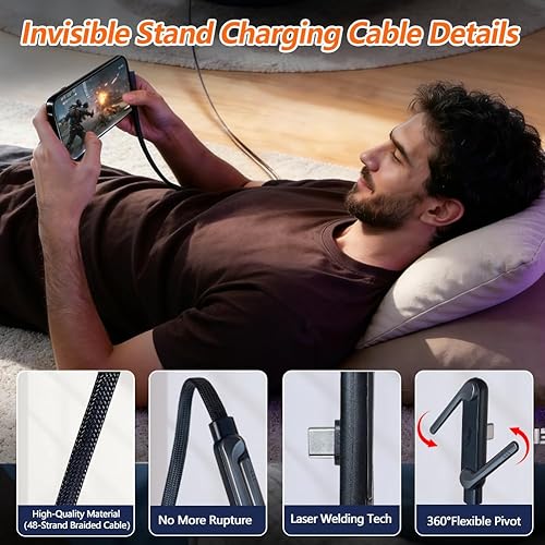 Miniatura 4 de Abnaok Cargador de teléfono lateral, cable de carga rápida de 240 W, cable de carga invisible, soporte de teléfono integrado para teléfonos