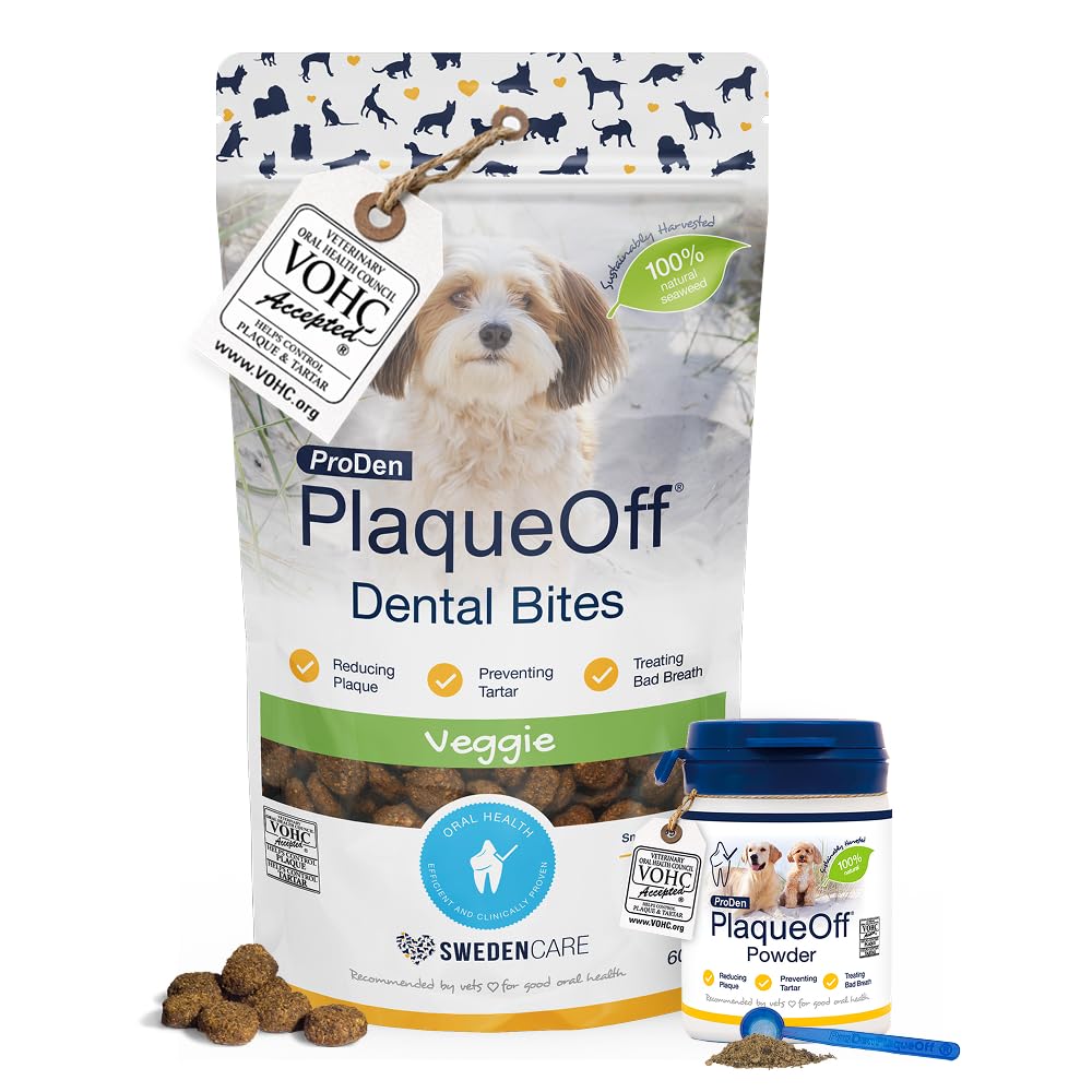 ProDen PlaqueOff Cura Dentale per Cani – Set con Polvere Dentale 60g e Dental Bites 60g per Cani di Piccola Taglia | Aiuta a Ridurre Placca, Tartaro e Alito Cattivo | Clinicamente Testato