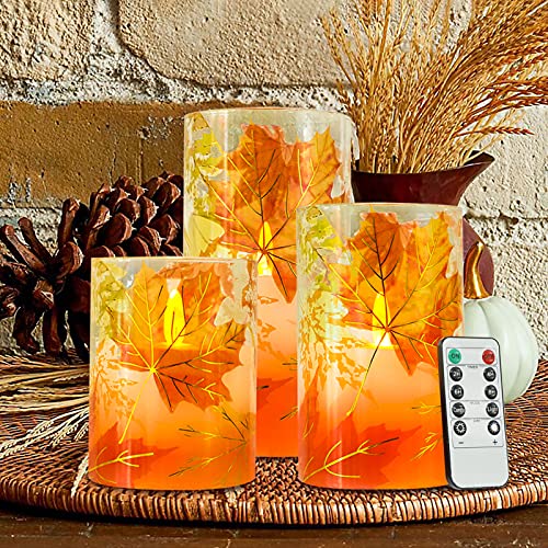 PETRISTRIKE Fall Flameless Candles Autumn Maple Leaf Led Candles with Remote & Timer Realistic Flickering Real Wax Candles for Harvest Festive Thanksgiving Day Party Decorations