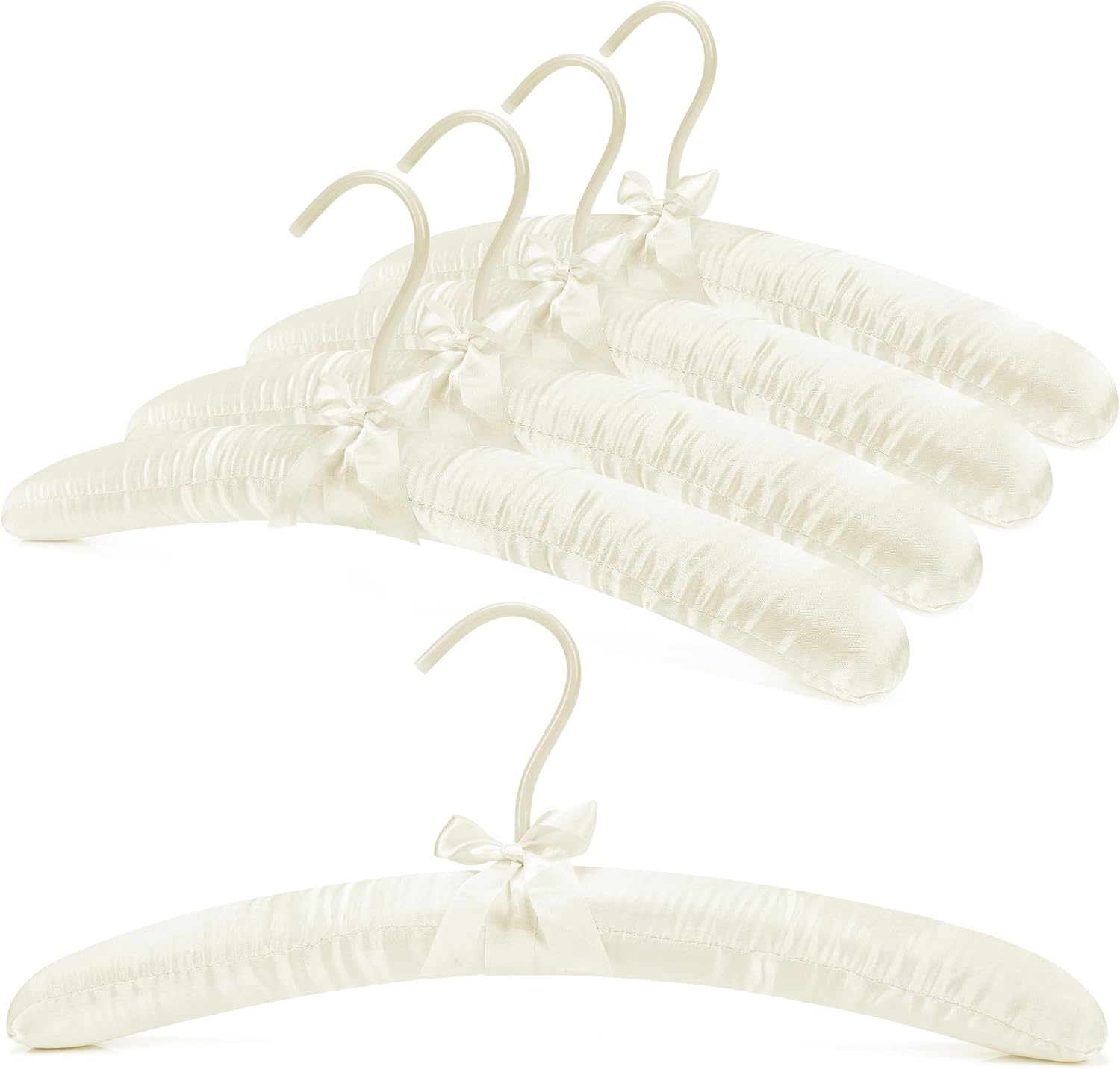 Women's Satin Padded Hangers - 15" Foam-Filled Wooden Clothes Hangers with No Shoulder Bumps, Bow Accent, for Sweaters, Blouses, Dresses - 5 Pack (Cream-Colored)