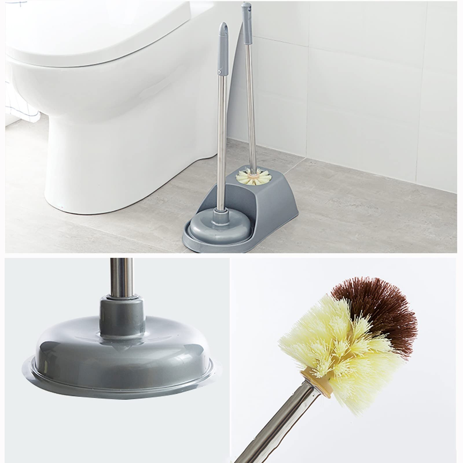 Escobilleros La combinación de desatascador de Inodoro de Mango Largo y escobilla de Inodoro Tiene una Base Estable for Limpiar lavabos, desagües e inodoros (Gris/marrón) Escobillero(Bruin)