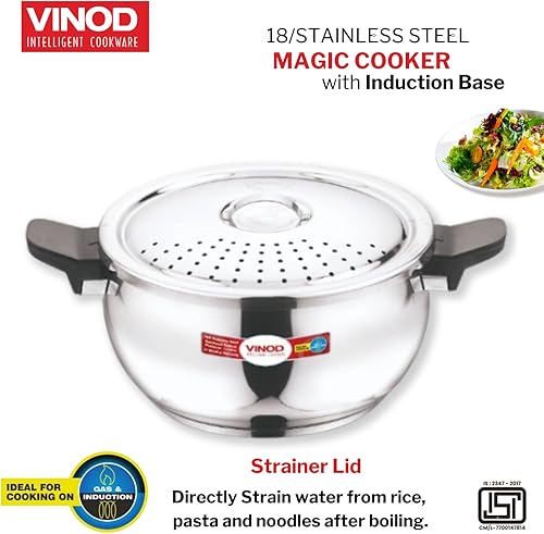 Miniatura 4 de Vinod Magic - Olla a presión inteligente 3 en 1 de acero inoxidable de 5.5 litros  Base de 0.197 in de grosor  Cocina todo en uno con colador y tapa