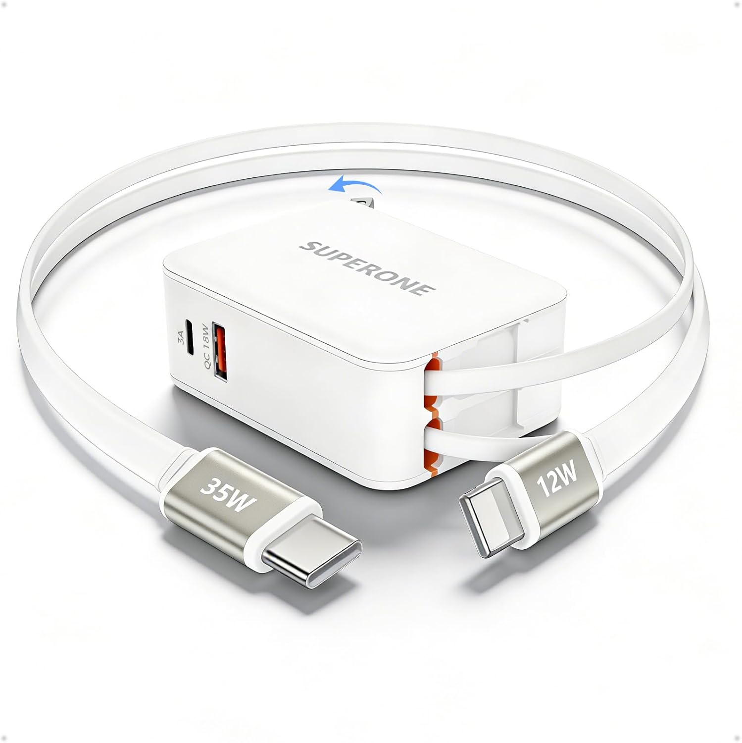 SUPERONE 65W Retractable Wall Charger with Dual USB C Cables, 5-Port GaN Charger Block, Compact Foldable Power Adapter, Fast Charging for MacBook Pro/Air, Dell XPS, ThinkPad, ZenBook, iPhone, iPad