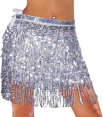 Monbessi Sequin Fringe Skirt Belly Dance Hip Scarf Sparkly Skirts Party Festival Rave Custome for Women and Girls (Silver)