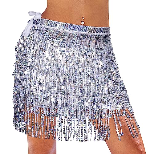 Monbessi Glitzer Rock Damen Pailletten Rock Stilvoll Glitzer Rock Karneval Fransen Rock (Silber)