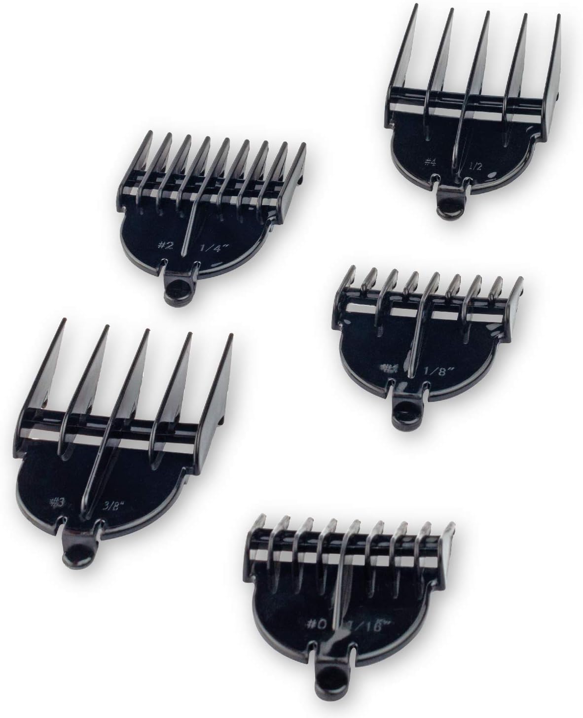A set of five black plastic guide combs for the Timco HC-116 Hair Trimmer, labeled with different cutting lengths: #0 (1/16"), #1 (1/8"), #2 (1/4"), #3 (3/8"), #4 (1/2").