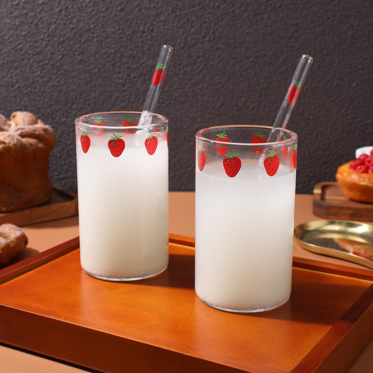 Set Di 2 Bicchieri Di Trasparente Con Motivi Di Fragola E Cannucce 300Ml Ideale Per Bevande a Casa E Ufficio