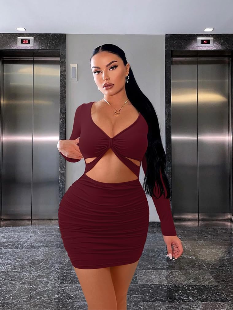 XXTAXN Women's Sexy Bodycon Deep V Neck Long Sleeve Cut Out Club Mini Dress - Image 7