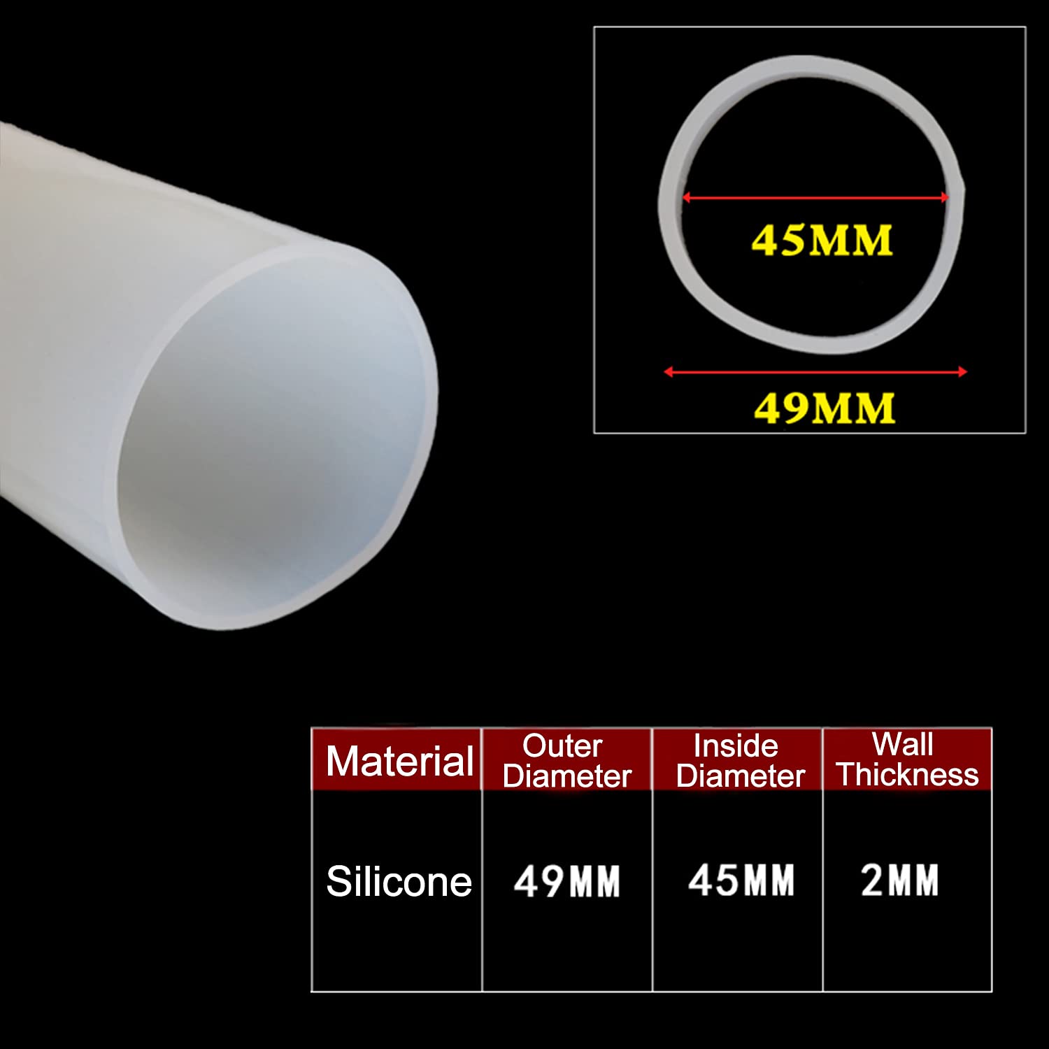 Tubo de silicona translúcida de 1 m, manguera flexible de calibre grande en forma de O de 2 mm de grosor, fácil de cortar para proyectos de bricolaje y fontanería (OD 49 mm ID 45 mm)