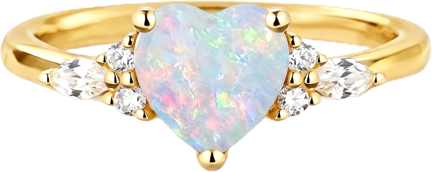 1.25 Carat (ctw) Opal Rings for Women 925 Sterling Silver Heart Cut Opal Engagement Promise Rings Genuine White Opal with Moissanite Wedding Anniversary Ring for Her