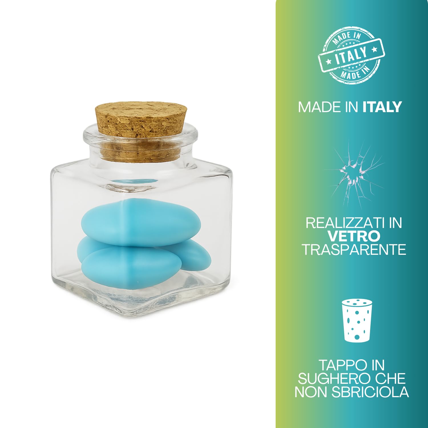VIRSUS Palucart 48 Barattoli Vetro Bomboniere Battesimo bomboniera Matrimonio Porta Confetti Forma Quadrata 4 x 4 cm con Tappo in Sughero