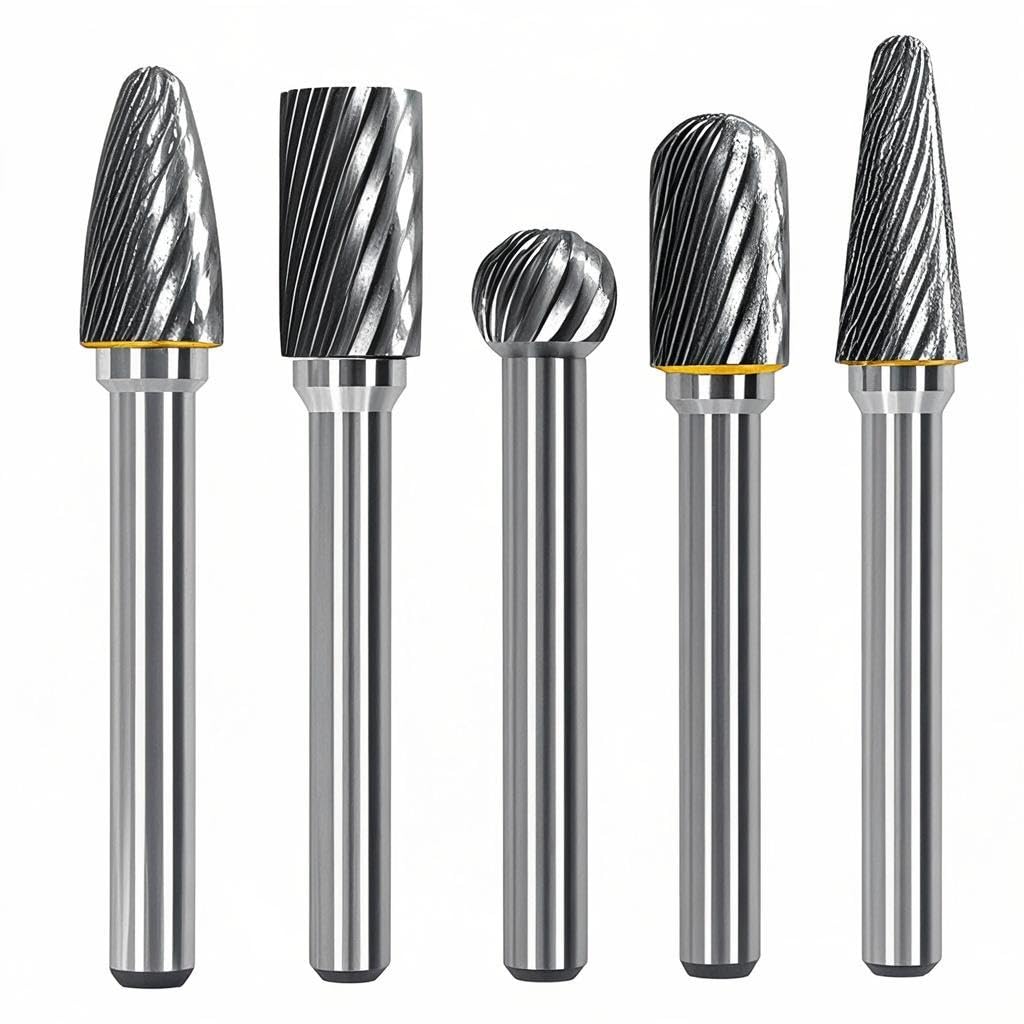 5pcs Tungsten Carbide Burr Set, 1/4" Shank, 3/8" Cutter Diameter,Single Cut Carbide Rotary Files for Metal Deburring, Engraving, and Grinding - Ideal for Die Grinder Drill Bits