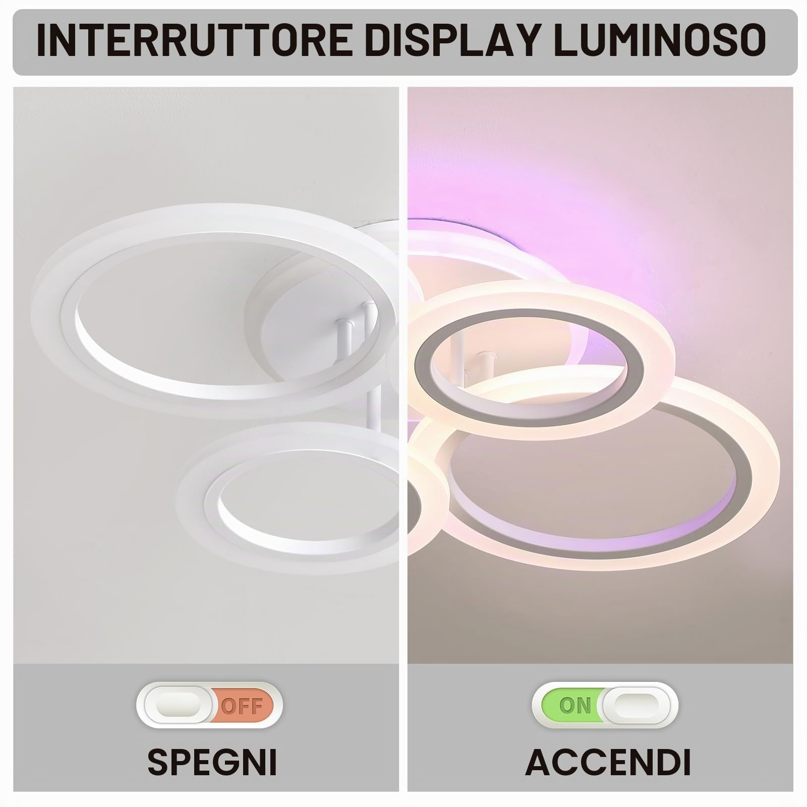 Plafoniera LED Soffitto 50W, 4 Anelli Dimmerabile con Telecomando | 3000-6000K, luce ambiente rosa/viola/blu, 3000LM, memoria, 10-100%, per soggiorno, camera da letto, cucina e sala da pranzo
