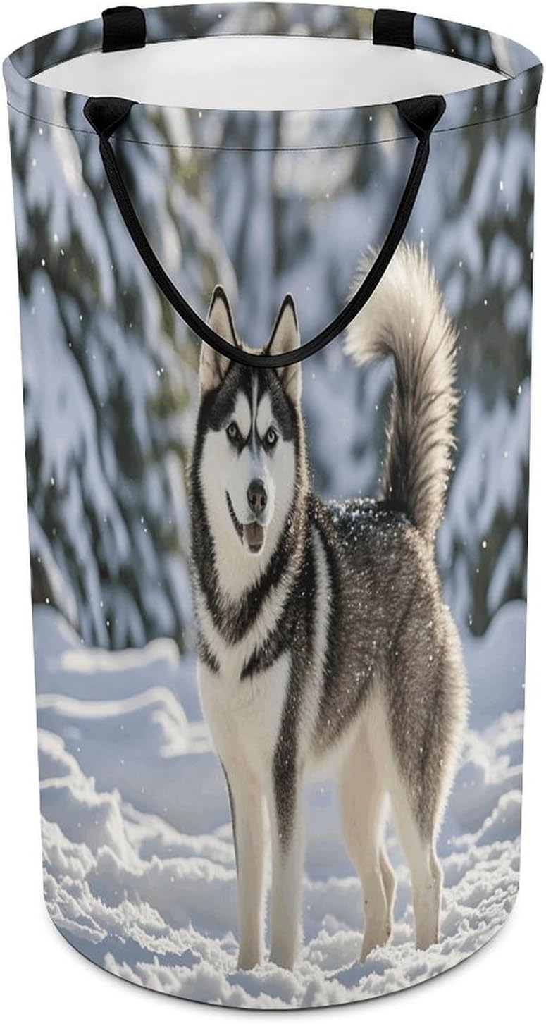 Husky In Snow Dog Laundry Hamper Large Collapsible Laundry Basket with Handles Waterproof Clothes Hamper Portable Dirty Clothes Basket for Bedroom Laundry Room Closet Bathroom