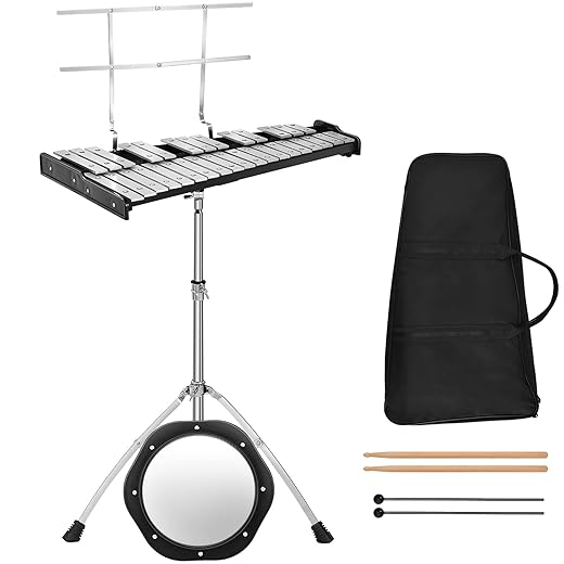 Giantex 32 Note Professional Glockenspiel Bell Kit, Percussion Xylophone with Adjustable Stand, Music Stand, 8'' Practice Pad, a Pair of Bell Mallets, Wooden Drumsticks, Carrying Bag