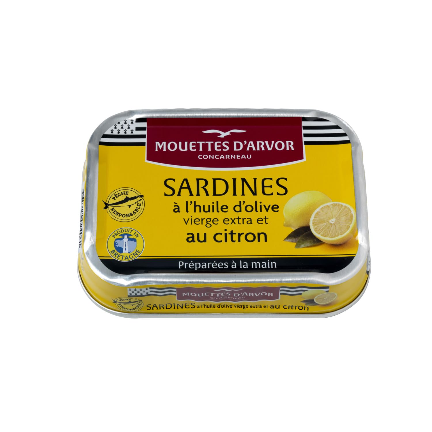 MOUETTES D'ARVOR Sardines à l'Huile d'Olive Vierge Extra et Citron 115g — Préparées à la Main en Bretagne, Pêche Responsable - Lot de 3