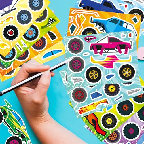 Image of Monster Truck Sticker, Make Your Own Cartoon Car Stickers for Kid Toddlers | 12 Different Designs Monster Truck Stickers, Car Craft for Party Favors, Classroom Activities, Teacher Reward, Birthday Gift