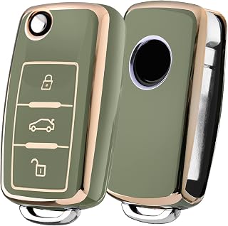 OATSBASF Autoschlüssel Hülle VW, VW Golf Schlüsselbox,Schlüsselhülle Cover für vw Polo Passat Skoda Seat 3-Tasten (Goldener Rand-Grün)