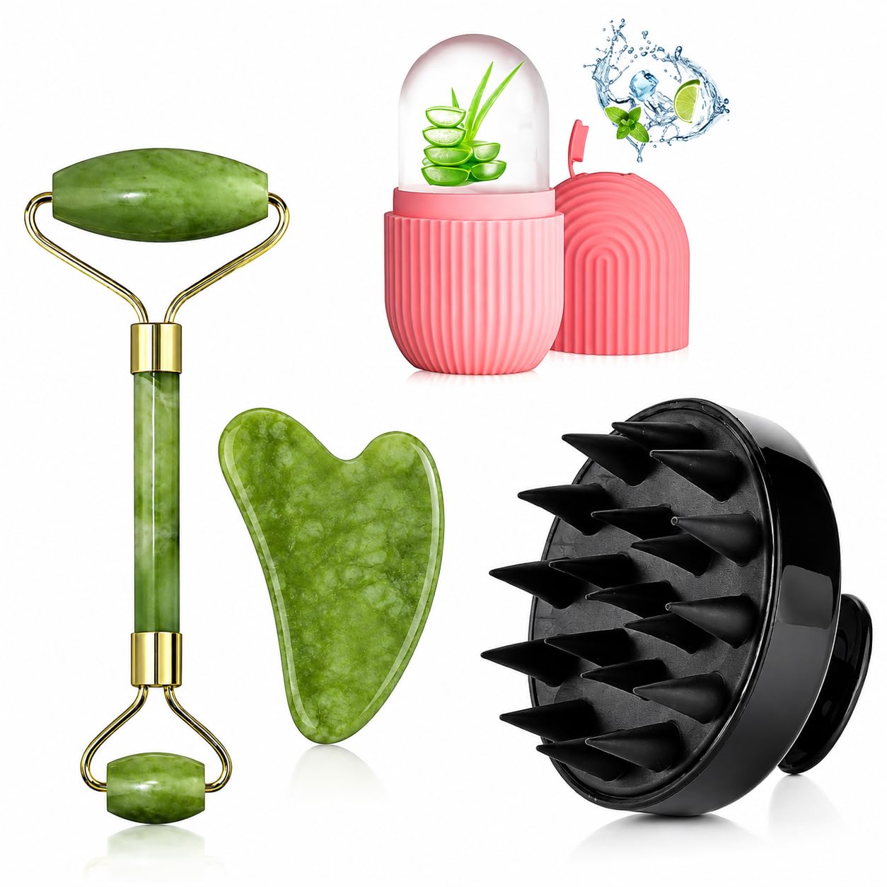 4-in-1 Facial Skincare & Scalp Massage Kit | Jade Face Roller, Gua Sha Tool, Ice Roller Mold & Silicone Scalp Massage Brush | Face Massage & Beauty Care Set | Multicolour-image-5