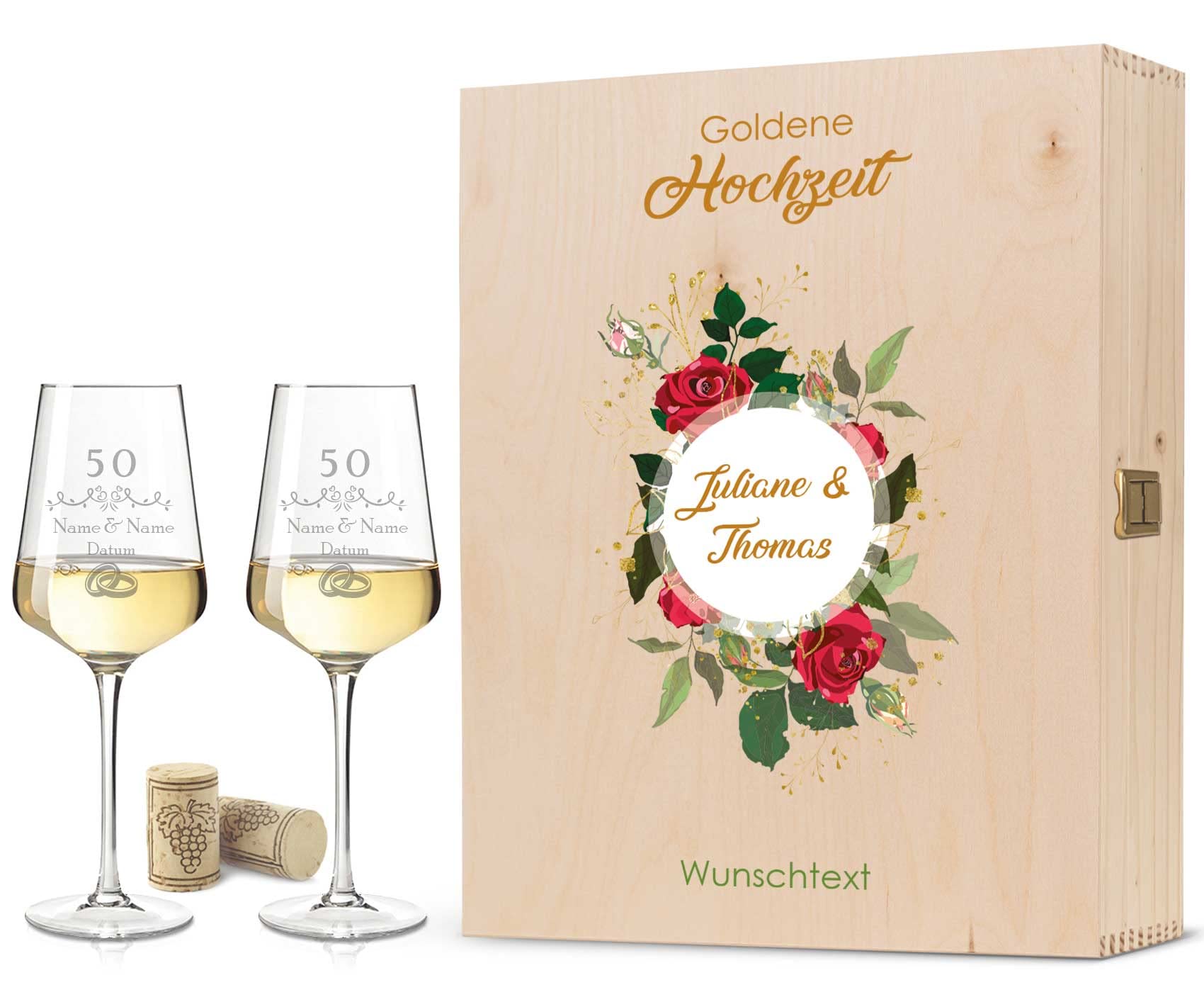 GRAVURZEILE Leonardo Puccini Weingläser mit Gravur - Goldene Hochzeit Design - Personalisiert mit Namen & Datum inkl. Holzkiste - Geschenk zur Hochzeit Verlobung Jahrestag - Farbe: Große Kiste UV