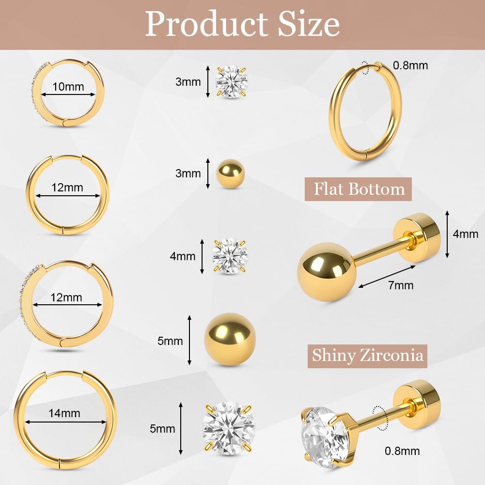 Vicloon Orecchini Acciaio Chirurgico, 9 Paia Set di Orecchini a Bottonecon Retro Piatto Orecchini a Cerchio Cartilagine Ipoallergenica Cartilagine Helix Piercing Orecchio Set Orecchini Donna