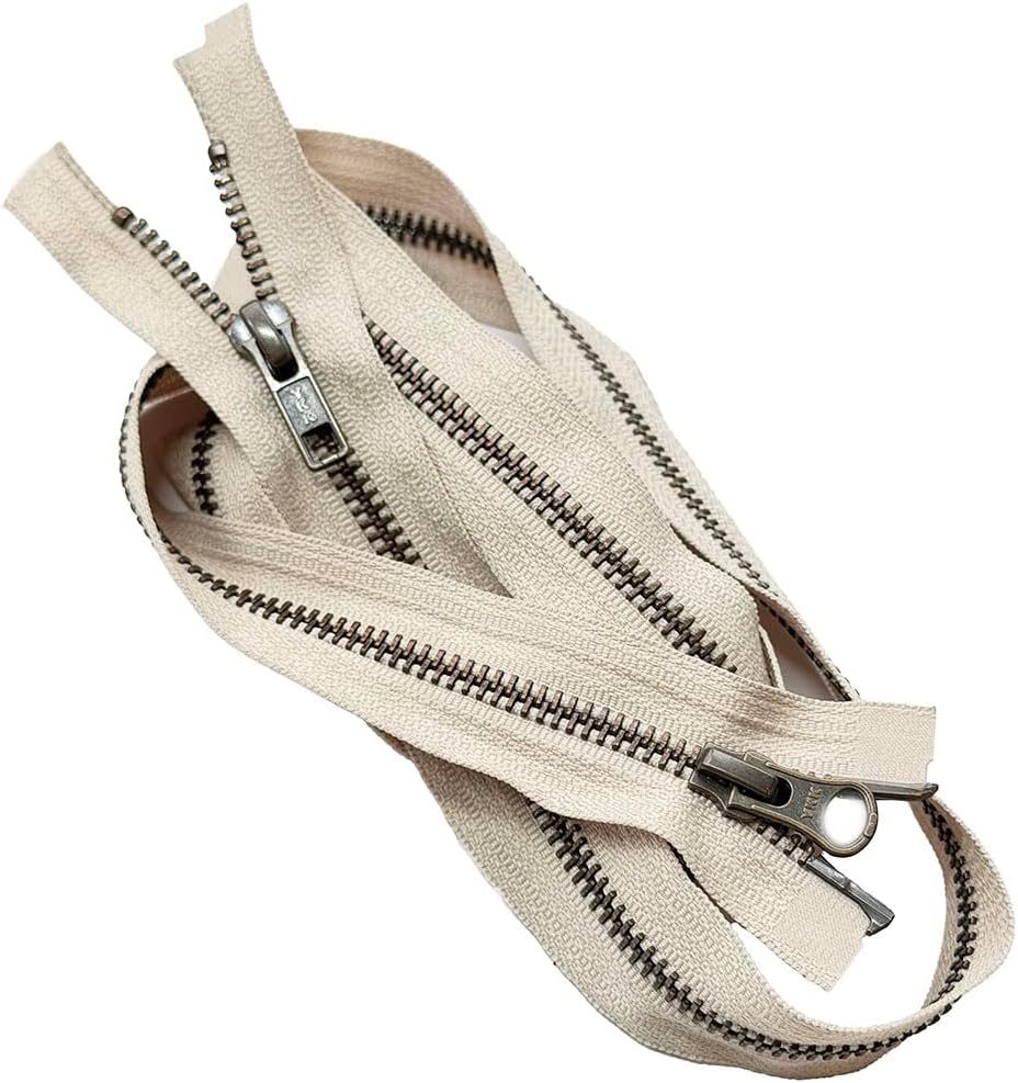 YKK #5 Antique Brass Two-Way Medium Weight Metal Jacket Zipper Automatic Lock Pull Separating, Open-End (1 Piece) Color Natural Beige #572W - Choose Length (32" Inches)